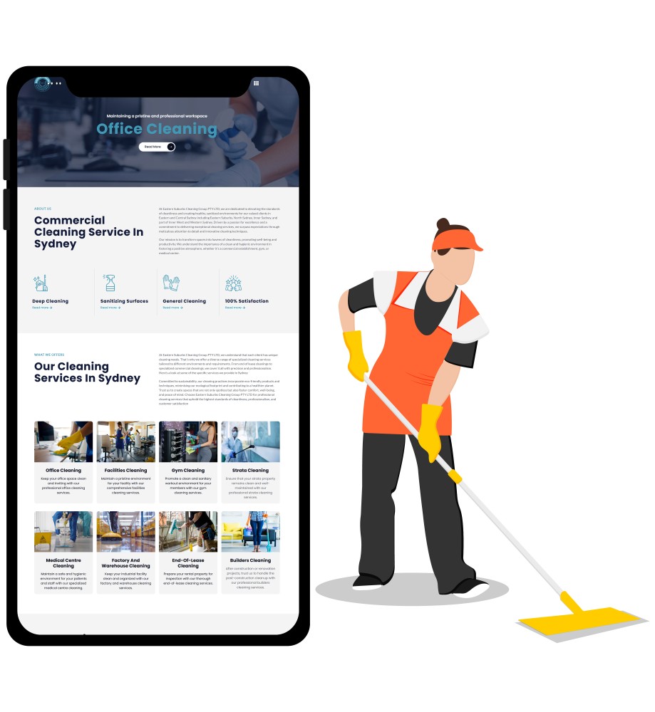 Mobile view of Eastern Suburbs Cleaning Group's commercial cleaning website with a cleaner mopping floor